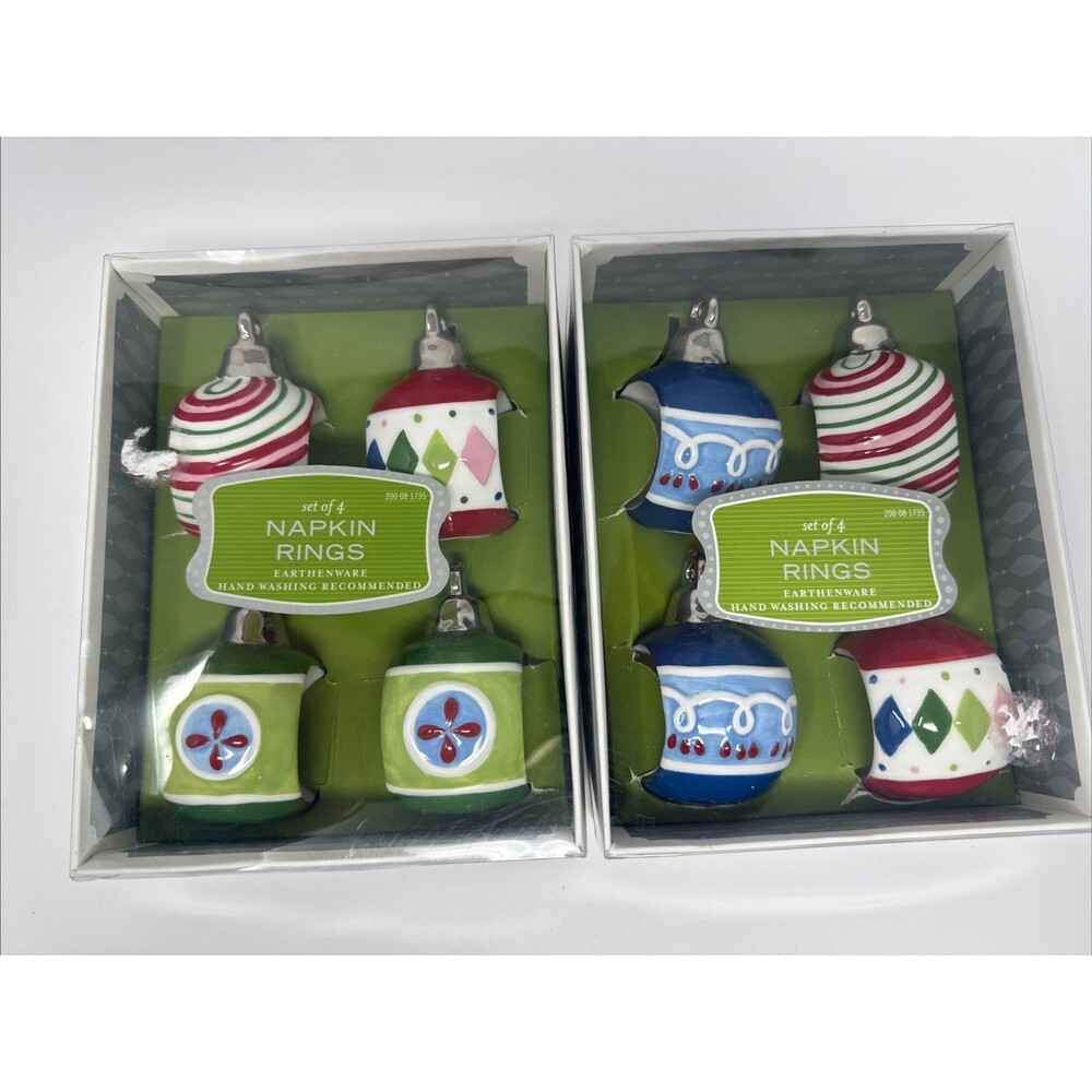 8 Vintage Traditional Ceramic Christmas Napkin Rings Ornament Shape Silver Top